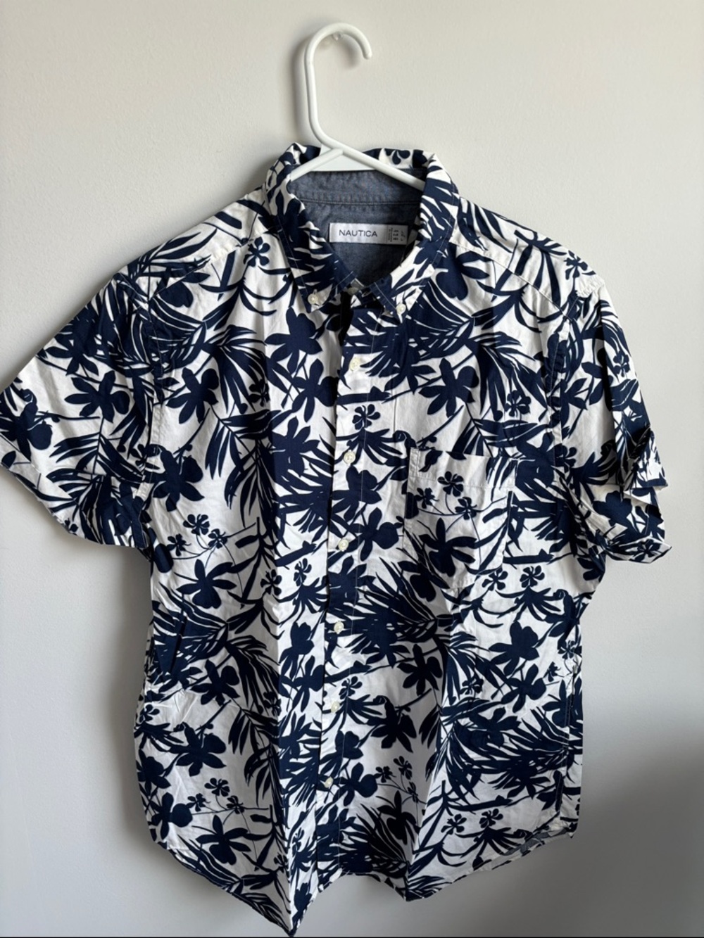 Nautica White Shirt with Navy Tropical Print - Short Sleeve Button-Up